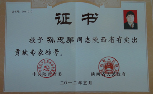 孫忠弟獲中共陜西省委、陜西省人民政府“陜西省有突出貢獻(xiàn)專(zhuān)家”命名表彰